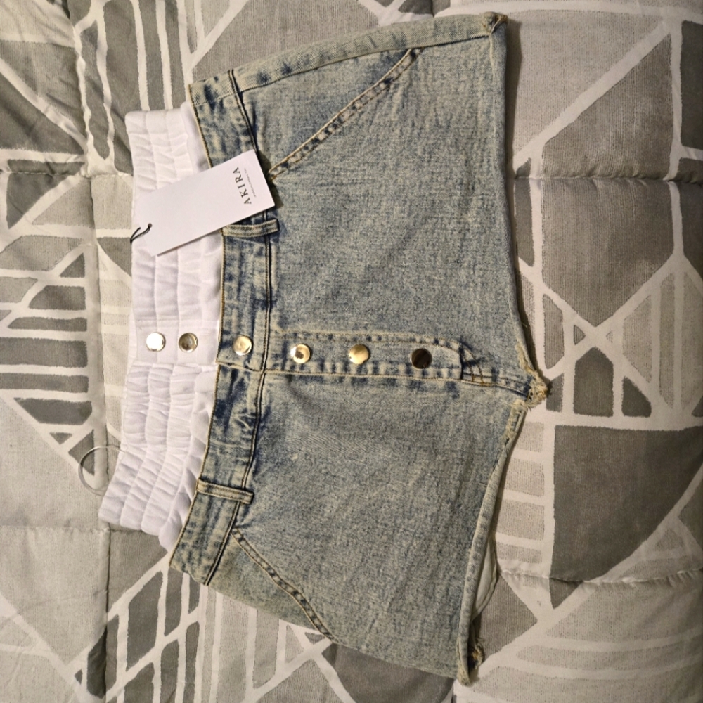 Akira Washed Blue Denim Mini Skirt with White Waistband